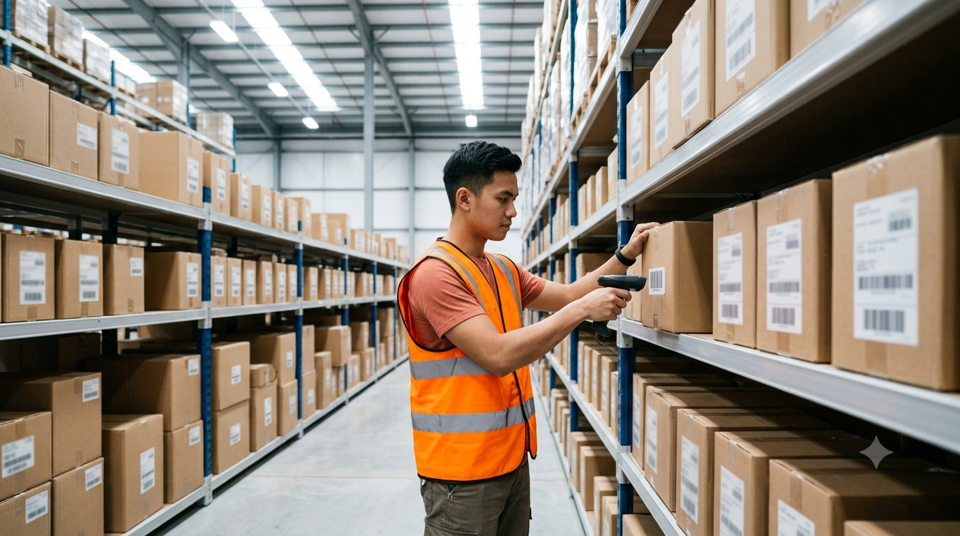 Warehouse worker scanning inventory on organized shelves