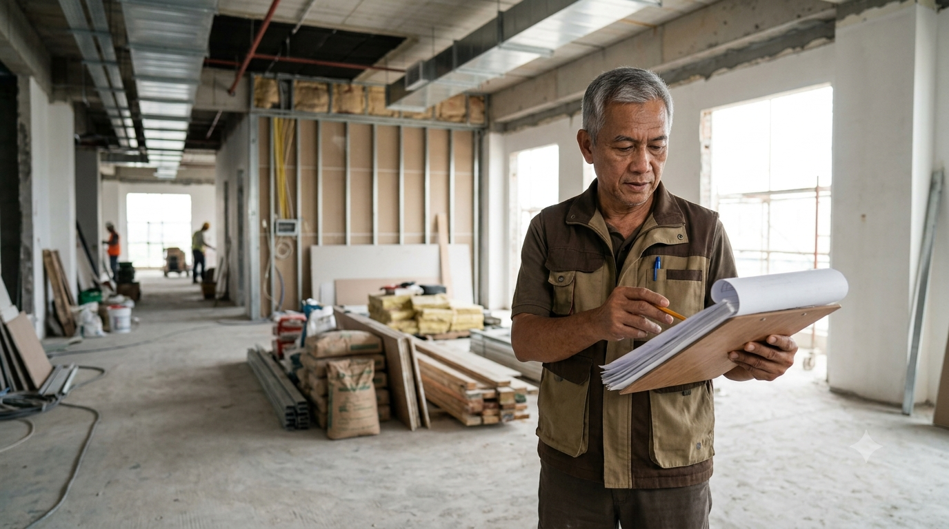 Renovation site with contractor reviewing plans